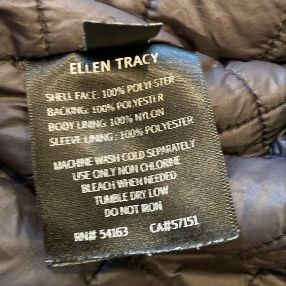 Women’s Coat Navy Gold Ellen Tracy Hood Snap Pockets Quilted  Size Large Used - Picture 13 of 16